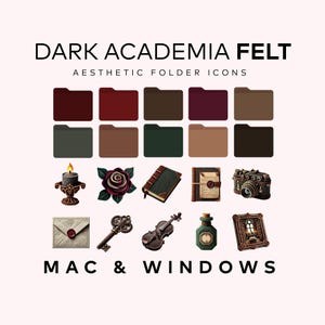 Könnte beinhalten: Ein Satz von 12 Ordnersymbolen in verschiedenen Rot-, Braun- und Grüntönen. Die Symbole sind im Dark-Academia-Stil mit Illustrationen einer Kerze, einer Rose, eines Buches, einer Kamera, eines Umschlags, eines Schlüssels, einer Geige und einer Zaubertrankflasche gestaltet. Der Text "DARK ACADEMIA FELT AESTHETIC FOLDER ICONS MAC & WINDOWS" wird unter den Symbolen angezeigt.