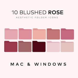 Puede incluir: Diez iconos de carpeta en varios tonos de rosa y rojo, etiquetados como "10 BLUSHED ROSE AESTHETIC FOLDER ICONS MAC & WINDOWS"