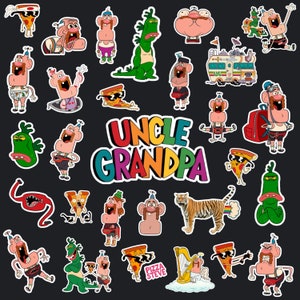 Puede incluir: Una ilustración colorida de personajes de la serie de televisión animada Uncle Grandpa. Los personajes se representan en varias poses y expresiones, incluyendo un monstruo verde, un tigre, una rebanada de pizza y un hombre con un gran bigote. El título "Uncle Grandpa" está escrito en letras de arcoíris.
