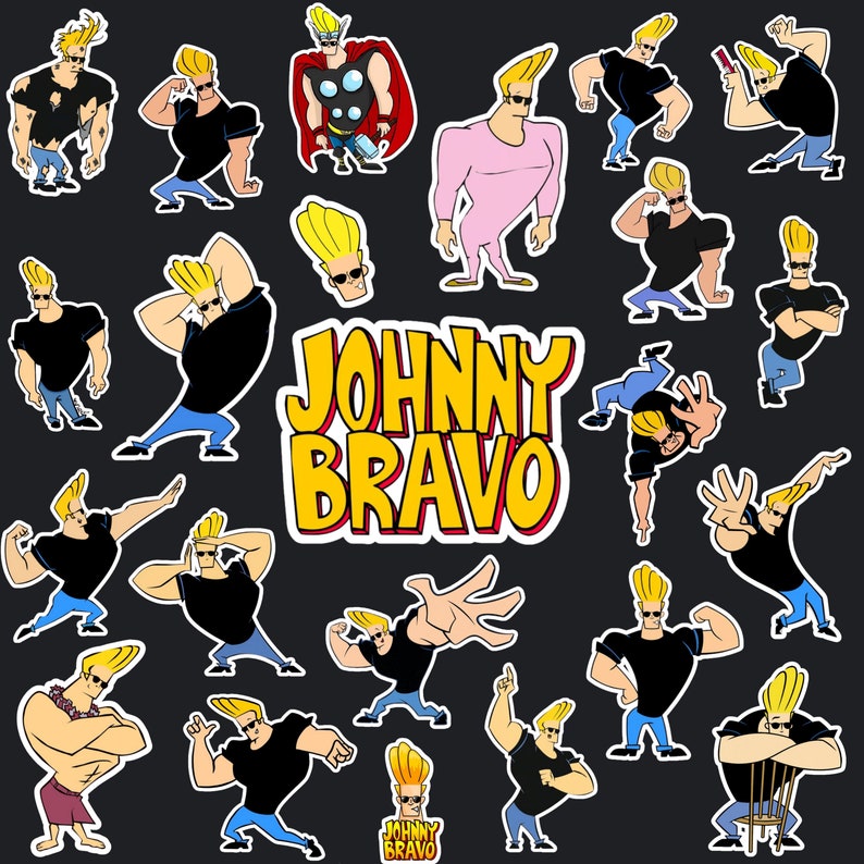 May include: A colourful illustration of Johnny Bravo, a cartoon character with a muscular build and blonde hair, in various poses. The image features the text "JOHNNY BRAVO" in a yellow and orange font.
