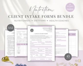 May include: A bundle of client intake forms for nutritionists, dietitians, and health coaches. The forms are in A4 and US Letter sizes, and are editable. The image includes a bowl of blueberries, a measuring tape, and gold paper clips.