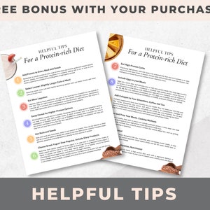 May include: Two pages of helpful tips for a protein-rich diet. The tips include adding protein to every meal and snack, selecting leaner, slightly larger cuts of meat, eating more legumes, swapping cereal for higher protein options, using nuts and seeds, choosing Greek yogurt over regular dairy products, eating high-protein carbs, including eggs in your meals, adding collagen to your smoothies, coffee and tea, and prepping your meals using cooking methods that preserve protein.