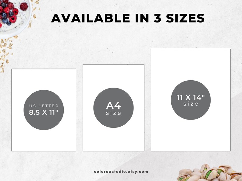 May include: Three printable art print sizes are shown: US Letter (8.5 x 11 inches), A4, and 11 x 14 inches. The sizes are displayed in white circles with gray text on a white background.