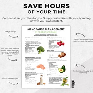 May include: A white document titled "MENOPAUSE MANAGEMENT" with a green checkmark and the words "FOODS TO INCLUDE." The document includes lists of vegetables, fruits, whole grains, lean protein sources, healthy fats, bone & mineral support, and drinks. There are illustrations of broccoli, raspberries, avocado, and other foods.