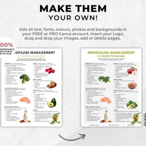 May include: A digital Canva template with the text "MAKE THEM YOUR OWN!" and "MENOPAUSE MANAGEMENT FOODS TO INCLUDE." The image shows a before and after comparison of a document with food lists, with the text "100% REBRANDABLE & EDITABLE WITH PLR."