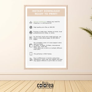 May include: A printable digital download for a printable art print. The text on the image reads "Instant Download! Ready to Print!" and lists the features of the printable, including high-quality print files at 300 DPI, printing options, paper recommendations, and size options.