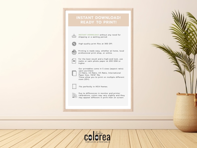May include: A printable digital download for a printable art print. The text on the image reads "Instant Download! Ready to Print!" and lists the features of the printable, including high-quality print files at 300 DPI, printing options, paper recommendations, and size options.