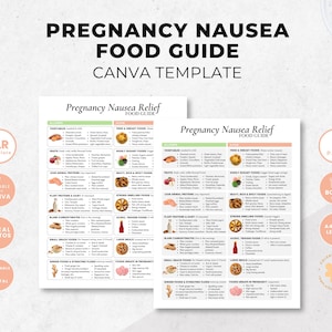 May include: A food guide template for pregnancy nausea relief, with the text "Pregnancy Nausea Food Guide" and "Canva Template". The guide lists various food categories with examples. Includes "PLR template", "Editable with Canva", "Real Photos", and "Printable & Digital".
