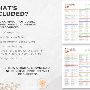 May include: A digital download guide for a protein food chart. The guide includes 11 food categories, a typical serving size, grams of protein per serving, and calories per serving. The chart is available in 8 sizes, from 8.5 x 11 inches to 24 x 36 inches, and in 2 design options.