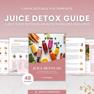 May include: A digital download titled "Juice Detox Guide" with a 3-day plan and 15 recipes. The image features colorful juice bottles, fruits, and vegetables. The guide is 48 pages and includes the text "Juice Detox 101".
