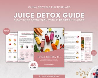 Juice Detox Ebook Canva Template, 3-Day Plan with 15 Recipes, Detox Guide (Digital Download)