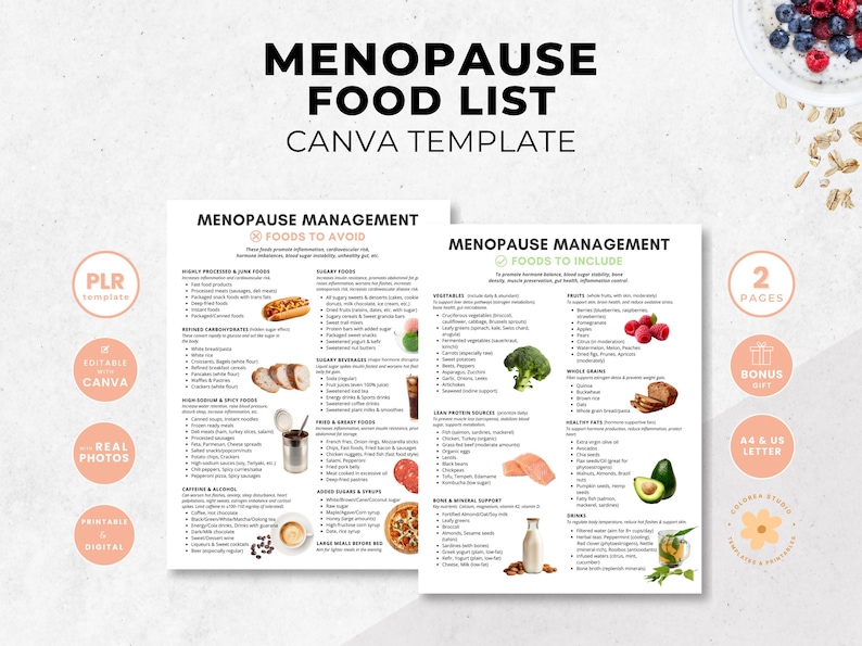 Menopause Diet Food List Canva Template, Perimenopause Friendly Foods, Patient Education Tips, Nutrition Coaching Handout, PLR image 1