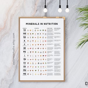 May include: A white printable poster with the title "Minerals in Nutrition". The poster lists various minerals, their sources, functions, and deficiencies.  The poster includes small illustrations of food sources for each mineral.