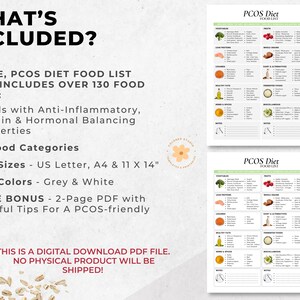 May include: A digital download of a printable PCOS diet food list in grey and white. The list includes over 130 food items categorized by food groups. The list is available in three sizes: US Letter, A4, and 11 x 14 inches.