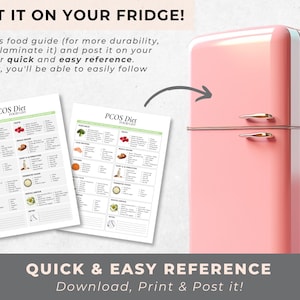 May include: A pink refrigerator with a white top and gold handles. Two printable sheets with the text "PCOS Diet Food List" are shown next to the refrigerator. The text "POST IT ON YOUR FRIDGE!" is at the top of the image. The text "QUICK & EASY REFERENCE Download, Print & Post it!" is at the bottom of the image.