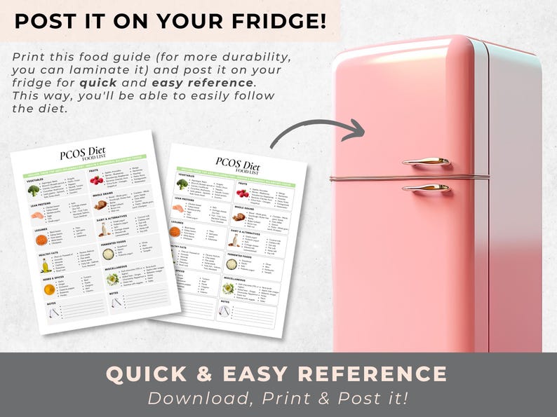 May include: A pink refrigerator with a white top and gold handles. Two printable sheets with the text "PCOS Diet Food List" are shown next to the refrigerator. The text "POST IT ON YOUR FRIDGE!" is at the top of the image. The text "QUICK & EASY REFERENCE Download, Print & Post it!" is at the bottom of the image.