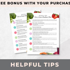 Puede incluir: Dos p&aacute;ginas imprimibles con consejos &uacute;tiles para una dieta baja en oxalatos. Las p&aacute;ginas presentan ilustraciones coloridas de frutas y verduras, incluyendo br&oacute;coli, fresas y papaya.