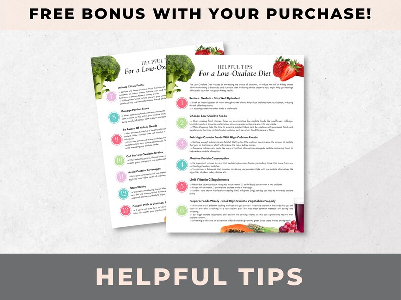 Puede incluir: Dos p&aacute;ginas imprimibles con consejos &uacute;tiles para una dieta baja en oxalatos. Las p&aacute;ginas presentan ilustraciones coloridas de frutas y verduras, incluyendo br&oacute;coli, fresas y papaya.