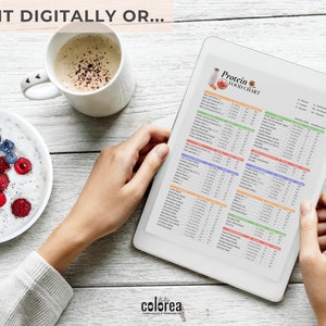 May include: A white tablet displaying a protein food chart with a list of foods and their protein content. The tablet is being held by a person's hands. The image also shows a bowl of yogurt with berries and a cup of coffee.