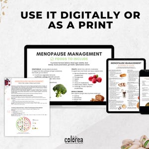 May include: A digital display of a menopause management guide on a laptop, tablet, and smartphone. The guide includes lists of foods to include and avoid, with text that reads "Use it digitally or as a print."
