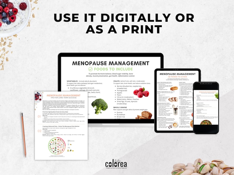 May include: A digital display of a menopause management guide on a laptop, tablet, and smartphone. The guide includes lists of foods to include and avoid, with text that reads "Use it digitally or as a print."