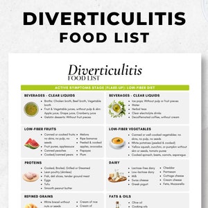 Lista de alimentos para la diverticulitis / Guía de alimentos para la diverticulitis / Alimentos para la diverticulitis / Tabla de alimentos para la dieta de la diverticulitis / Folleto de nutrición