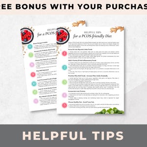 May include: Two printable pages with helpful tips for a PCOS-friendly diet. The pages are pink and green with a white background. The pages feature images of berries and leafy greens.