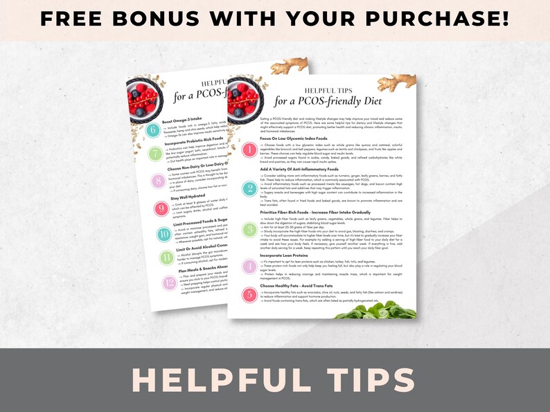 May include: Two printable pages with helpful tips for a PCOS-friendly diet. The pages are pink and green with a white background. The pages feature images of berries and leafy greens.