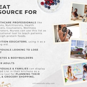May include: A printable list of high-protein foods with images of people using the list for different purposes, including fitness, nutrition education, and meal planning. The text reads "Great Resource For" and lists several groups of people who can benefit from the list, including healthcare professionals, nutrition educators, individuals looking to lose weight, athletes and bodybuilders, older adults, and individuals and families.