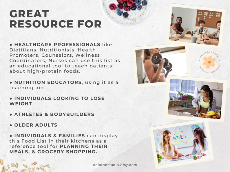 May include: A printable list of high-protein foods with images of people using the list for different purposes, including fitness, nutrition education, and meal planning. The text reads "Great Resource For" and lists several groups of people who can benefit from the list, including healthcare professionals, nutrition educators, individuals looking to lose weight, athletes and bodybuilders, older adults, and individuals and families.