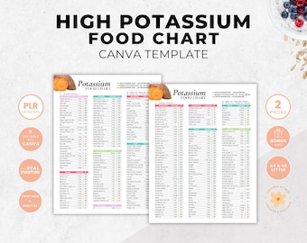High Potassium Food Chart Canva Template, Potassium Food Sources, High Potassium Food Guide, Patient Education Tips, Nutrition Handout, PLR