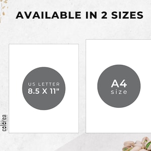 May include: White paper with two gray circles indicating available sizes. One circle reads "US Letter 8.5 X 11" and the other reads "A4 size". The text "AVAILABLE IN 2 SIZES" is at the top.
