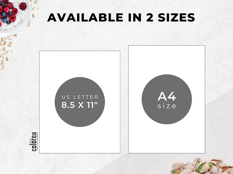 May include: White paper with two gray circles indicating available sizes. One circle reads "US Letter 8.5 X 11" and the other reads "A4 size". The text "AVAILABLE IN 2 SIZES" is at the top.