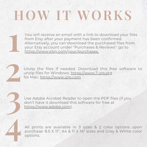 May include: A white background with black text explaining how to download and use printable files. The text includes links to websites for downloading software. The text also mentions the available sizes and colors of the prints.