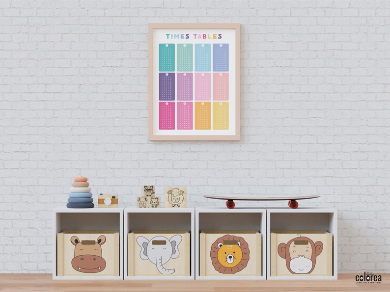 May include: A white shelf unit with four storage bins. Each bin has a different animal face on the front: a hippopotamus, an elephant, a lion, and a monkey. The bins are on a white shelf unit against a white brick wall. A framed poster with the words "Times Tables" is hanging on the wall above the shelf unit. There are also some wooden toys on the shelf, including a stack of rings, a camera, and a set of blocks.