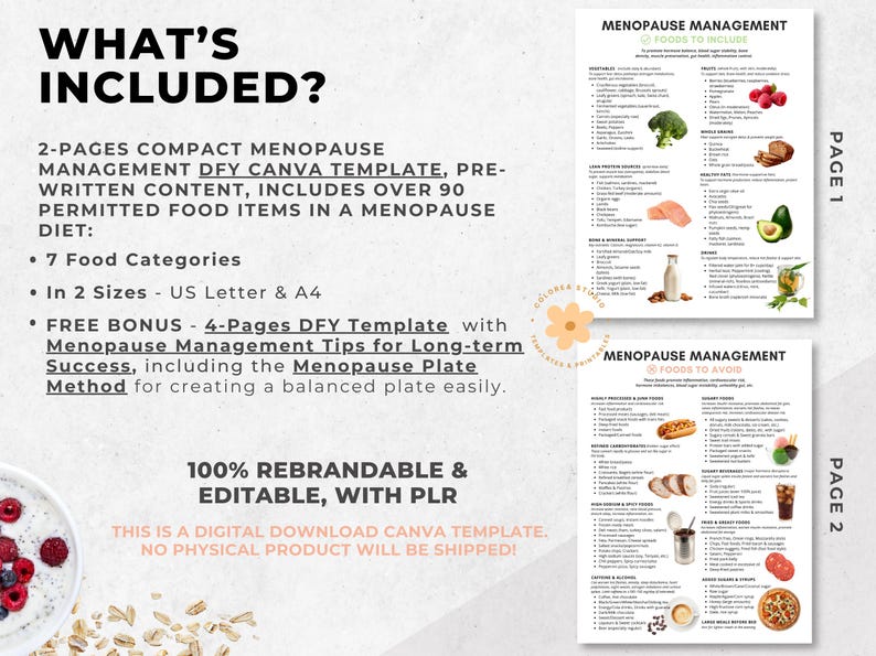 May include: Digital Canva template for menopause management, including a diet plan with over 90 food items. Includes 7 food categories, available in US Letter and A4 sizes. Bonus: 4-page template with tips for long-term success.