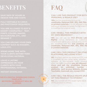 May include: Digital download Canva template with text about benefits and FAQs. Includes text: "Save 100's of hours in design time and costs" and "Instant Download". A cup of coffee, keyboard, and pen are also visible.