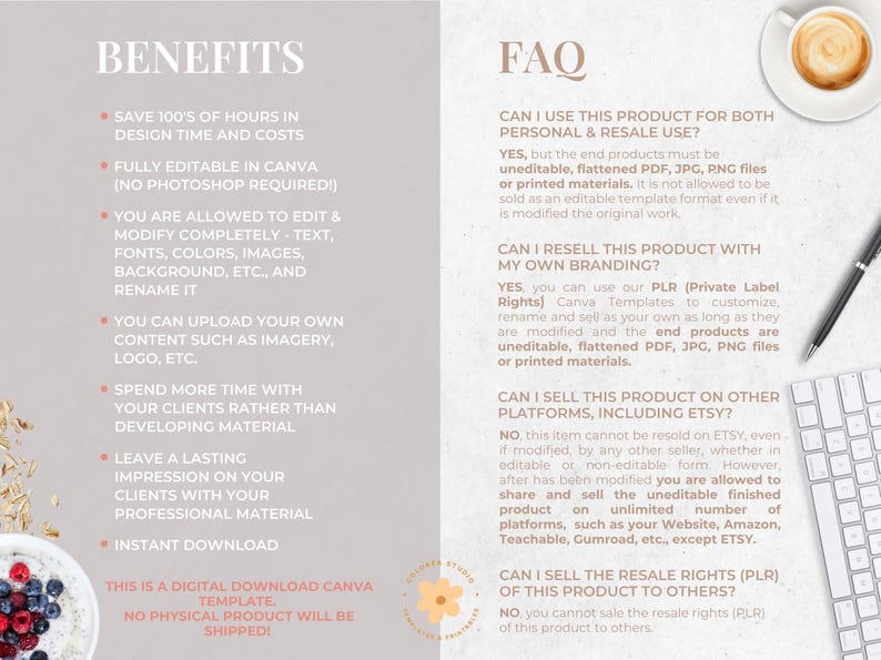 May include: Digital download Canva template with text about benefits and FAQs. Includes text: "Save 100's of hours in design time and costs" and "Instant Download". A cup of coffee, keyboard, and pen are also visible.