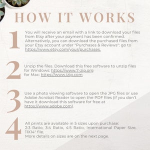 May include: A how-to guide with four numbered steps for downloading and unzipping digital files. The guide includes links to free software for unzipping files on Windows and Mac. The guide also includes a link to download Adobe Acrobat Reader for free.