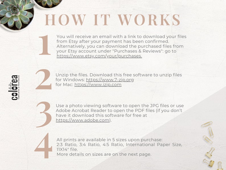 May include: A how-to guide with four numbered steps for downloading and unzipping digital files. The guide includes links to free software for unzipping files on Windows and Mac. The guide also includes a link to download Adobe Acrobat Reader for free.