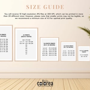 May include: A size guide for printable art prints, showing different sizes in inches and centimeters. The guide includes 2:3, 3:4, and 4:5 ratio prints, as well as A1 prints. The text "SIZE GUIDE" is at the top of the image.