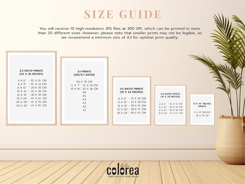 May include: A size guide for printable art prints, showing different sizes in inches and centimeters. The guide includes 2:3, 3:4, and 4:5 ratio prints, as well as A1 prints. The text "SIZE GUIDE" is at the top of the image.