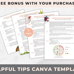 May include: A collection of printed documents with the title "Menopause Management Tips for Long-Term Success". The documents include helpful advice and a bonus gift. The text "Helpful Tips Canva Template" is at the bottom.