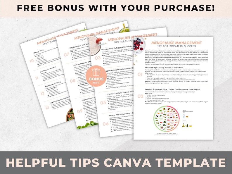 May include: A collection of printed documents with the title "Menopause Management Tips for Long-Term Success". The documents include helpful advice and a bonus gift. The text "Helpful Tips Canva Template" is at the bottom.