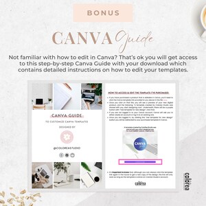 May include: A Canva guide with detailed instructions on how to edit templates. The guide includes the text "CANVA Guide" and "Designed by @coloreastudio". The image also includes a cup of coffee and a bowl of berries.