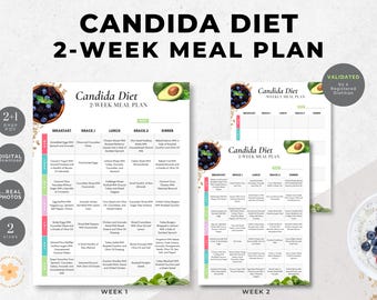 May include: A printable Candida diet meal plan for two weeks. The plan includes breakfast, snack 1, lunch, snack 2, and dinner options. The meal plan is validated by a registered dietitian.