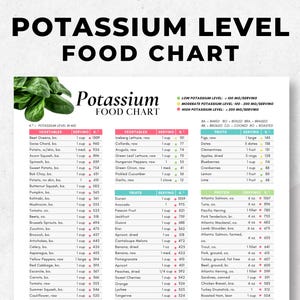 以下が含まれることがあります： 1食あたりのミリグラムで表された、食品とそのカリウム含有量をリストした印刷可能なチャート。チャートは、野菜、果物、タンパク質の3つのカテゴリに分けられています。チャートは、カリウム含有量が低い、中程度、高いを示すために色分けされています。