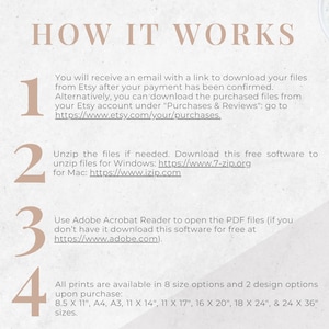 May include: How to download and use digital printable files.  Instructions include downloading files from Etsy, unzipping files using free software, and opening PDF files with Adobe Acrobat Reader.  The image also lists eight available print sizes: 8.5 x 11 inches, A4, A3, 11 x 14 inches, 11 x 17 inches, 16 x 20 inches, 18 x 24 inches, and 24 x 36 inches.