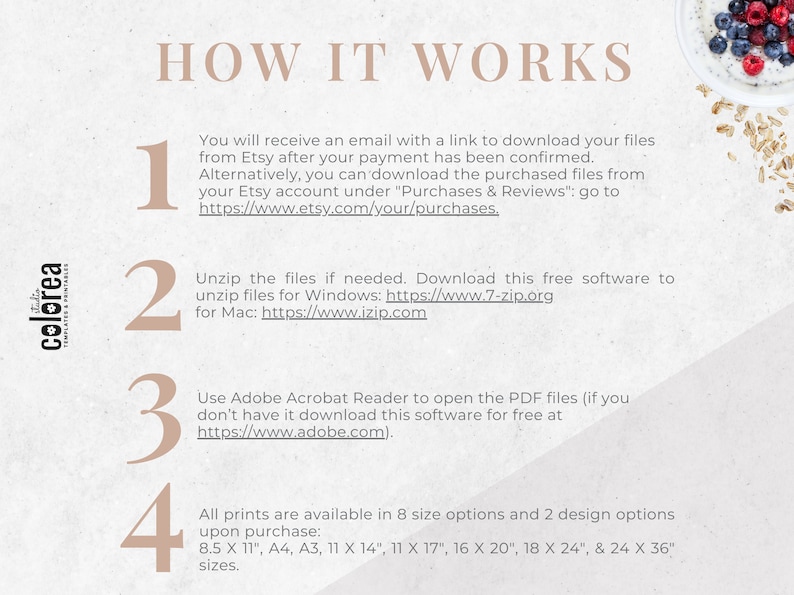May include: How to download and use digital printable files.  Instructions include downloading files from Etsy, unzipping files using free software, and opening PDF files with Adobe Acrobat Reader.  The image also lists eight available print sizes: 8.5 x 11 inches, A4, A3, 11 x 14 inches, 11 x 17 inches, 16 x 20 inches, 18 x 24 inches, and 24 x 36 inches.