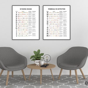 May include: Two black framed posters with white backgrounds hanging on a white wall. The posters are titled "Vitamin Guide" and "Minerals in Nutrition". Each poster lists vitamins and minerals with a corresponding list of foods that contain them. The posters are hanging above a gray rug with a geometric pattern. Two gray chairs with wooden legs are facing each other in front of a wooden coffee table. A small potted plant is on the table.